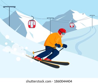 Skier in the snow mountains. Ski resort and winter sport concept. Vector illustration.