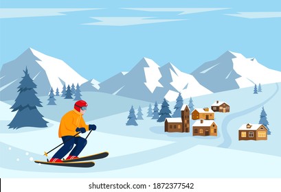 Skier in the snow mountains. Ski resort and winter sport concept. Vector illustration.