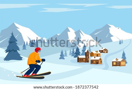 Skier in the snow mountains. Ski resort and winter sport concept. Vector illustration.
