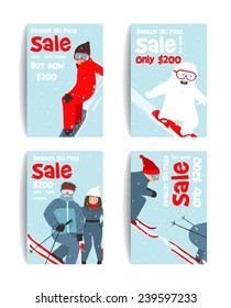 Skier and Snowboarder Fun Winter Sport Flyer Design Template. Snowboarding and skiing ski pass or sale flyer. Vector illustration.