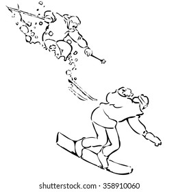 Skier & snowboarder as loose sketchy  line art both moving downhill