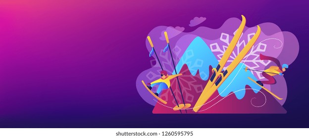 Skier   snowboarder sliding downhill in mountains  Winter extreme sports  downhill cross  country skiing  snowboarding freeride concept  Header footer banner template and copy space 