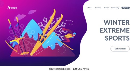 Skier and snowboarder sliding downhill in mountains. Winter extreme sports, downhill cross-country skiing, snowboarding freeride concept. Website vibrant violet landing web page template.