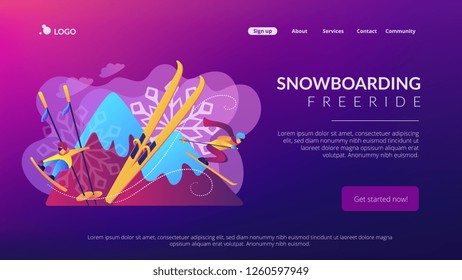 Skier and snowboarder sliding downhill in mountains. Winter extreme sports, downhill cross-country skiing, snowboarding freeride concept. Website vibrant violet landing web page template.