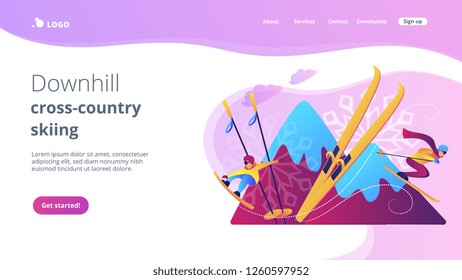 Skier and snowboarder sliding downhill in mountains. Winter extreme sports, downhill cross-country skiing, snowboarding freeride concept. Website vibrant violet landing web page template.