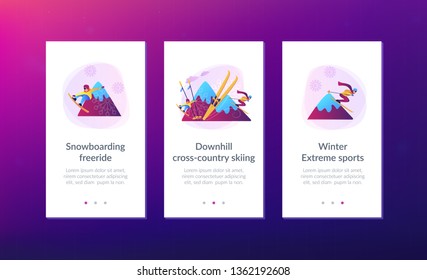 Skier and snowboarder sliding downhill in mountains. Winter extreme sports, downhill cross-country skiing, snowboarding freeride concept. Mobile UI UX GUI template, app interface wireframe