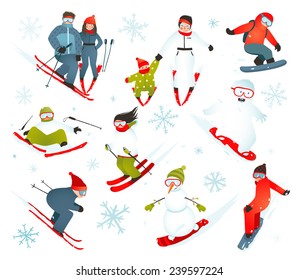 Skier Snowboarder Snowflakes Winter Sport Collection. Snowboarding and skiing winter season fun sport vector.