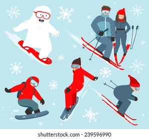 Skier and Snowboarder Winter Sport Illustration Collection. Snowboarding and skiing winter fun sport vector illustration with snowflakes.