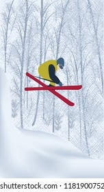 Skier in a snowy forest - vector art illustration. Winter sports.
