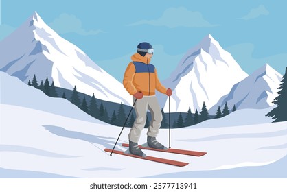 Skier in snowy mountain landscape with blue sky. Vector illustration