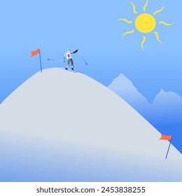 Skier in sportswear on top of the mountain began to walk down. Vector illustration of mountains, sun and good weather to win ski competitions at ski resort