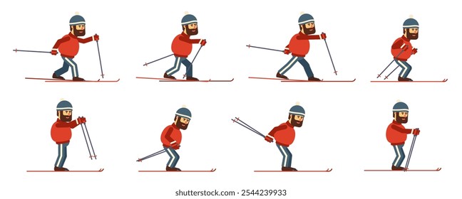 Skifahrer in Sportbekleidung läuft auf Skiern. Skifahrer in verschiedenen Posen. Vektorgrafik einzeln.