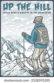 Skier standing on a mountain top, enjoying the view of a range of snowy peaks under a cloudy sky. This illustration evokes the beauty and thrill of winter sports
