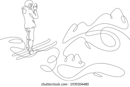 A skier stands at the edge of a slope. A skier takes pictures of a mountain landscape on his phone. One continuous drawing line  logo single hand drawn art doodle isolated minimal illustration.