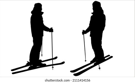 The Skier Stands Half Sideways, Bending His Knee. Winter Sports. Man Skier. A Guy In A Ski Suit With Sticks Poles In His Hands And Skis On His Feet. Male Black Silhouette Isolated On White Background.