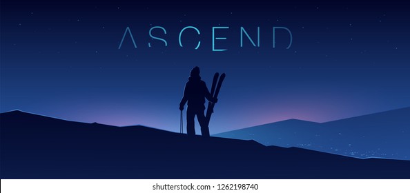 Skier stands on the top of the mountain. Wide view of night mountains in neon light