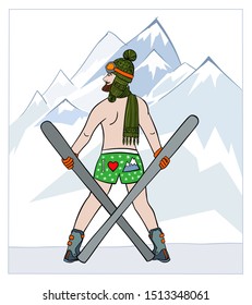 Skier in underpants holding skis. Bearded man stands against mountains in the background. Vector outline illustration drawings of a character  in hand drawn style, for printing, card, t-shirt,