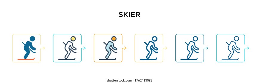 Icono vector de esquiador en 6 estilos modernos diferentes. Iconos de esquiador negros, de dos colores, diseñados con un estilo relleno, contorno, línea y trazo. La ilustración vectorial se puede usar para web, móvil, ui