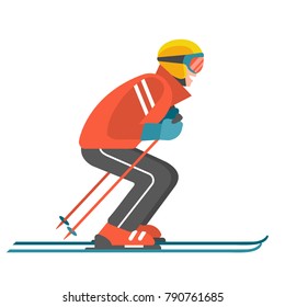 Skier. Vector illustration of skiing man in a red jacket and full sports ammunition in trendy flat style. Isolated on white.