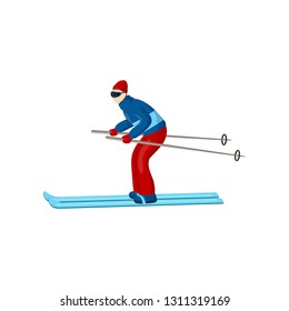 Skier, wearing blue jacket, red gloves, hat and pants, bends way over and moves on a horizontal stretch of track