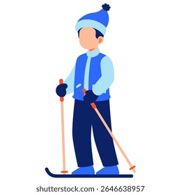 A skier wearing a blue outfit stands with ski poles ready for a winter adventure surrounded by snow in a cold cheerful environment