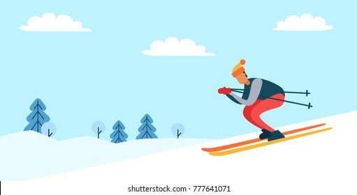 Skier wearing hat and jacket, going down slope, winter nature, pine trees and clouds in sky, poster with person isolated on vector illustration