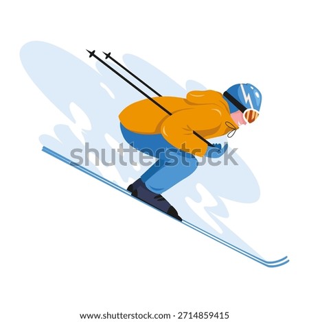 Skier wearing orange jacket and blue helmet skiing downhill in dynamic pose, flat graphic style on white background. Concept of winter sport. Vector illustration