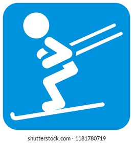 skier, white silhouette at blue frame, vector icon