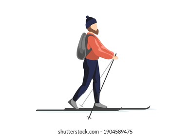 Skier in winter clothes and hat with backpack is skiing. Man training walk on skis. Holiday recreation ski sport activity vector isolated illustration