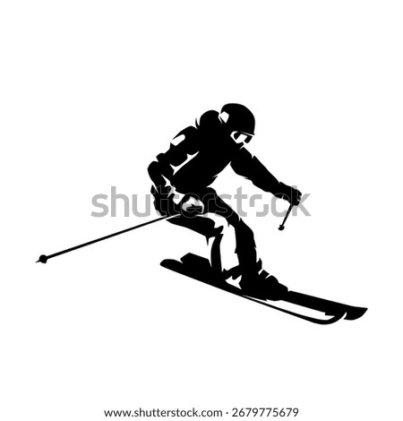 Skier, winter downhill skiing, isolated vector silhouette, high contrast illustration