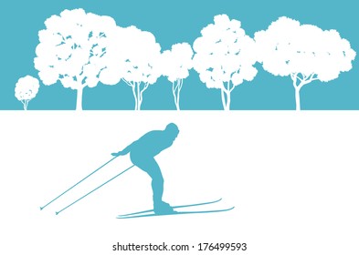 Skier in winter forest vector background abstract concept