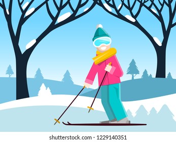 Skier with Winter Landscape with Blue Sky and Trees on Background