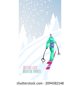 skier. winter sports. rear view. a man walks through the snow on skis. vector image