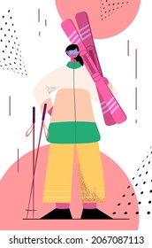 skier woman holding skis sportswoman skiing doing activities christmas new year holidays celebration winter vacation ski resort