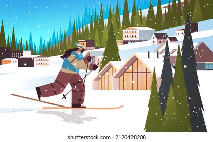 skier woman sliding down sportswoman skiing doing activities winter vacation concept snowfall landscape
