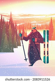 skier woman sportswoman skiing doing activities winter vacation concept sunset snowfall landscape background