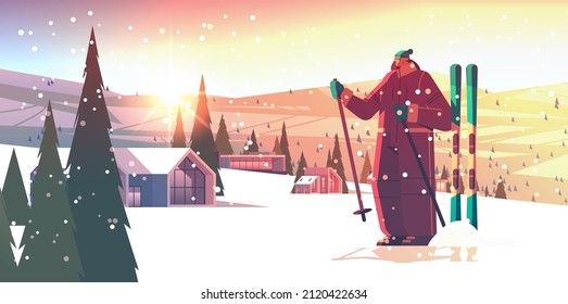 skier woman sportswoman skiing doing activities winter vacation concept sunset snowfall landscape background