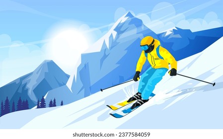 Skier in yellow jacket. Active winter sport. Extreme freestyle downhill on snowy slope. Picturesque landscape, ski season, outdoor vacation, memorable resort. Recreation concept. Vector illustration