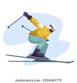 Skier in yellow jacket skiing downhill in winter. Vector illustration