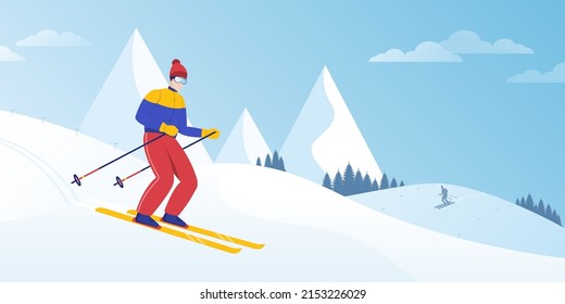 Esquiador, joven en el camino de esquí por la pista de nieve, colina, descenso en montaña, alpes, alpino esquí retro deportista. Deportistas, gente en la estación de esquí. Vacaciones en invierno, actividades vacacionales. Ilustración del vector