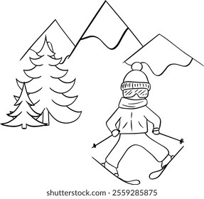 Skier young in mountains with pine trees. Picturesque landscape, ski season. Vector graphic line illustration. Outdoor vacation, memorable resort. Active winter sport. Recreation concept. 