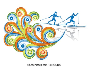 Skiers in abstract collage. Format A4. Vector illustration. Isolated groups and layers. Global colors.