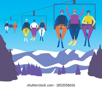 Skiers climb the lift. Flat vector stock illustration. Mountain lift with people on skis. Happy skiers in a mountain resort. Climbing the mountain lift with skis. Vector illustration with skiers