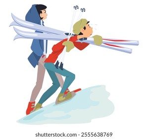 Skiers climb snowymountain winter. Illustration concept template for website, web landing page, banner, presentation, social, poster, promotion or print media.