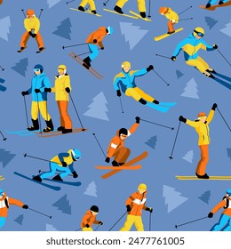 Skiers in colorful outfits on a blue background with tree silhouettes. Vector illustration