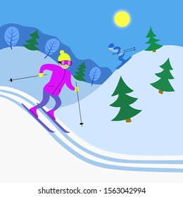 Skiers in colorful suits on the snowy hills with the firs in the afternoon. Ski resort. Winter sports competition. Healthy lifestyle. Mountain skiing. Active sports recreation. Stock vector flat.