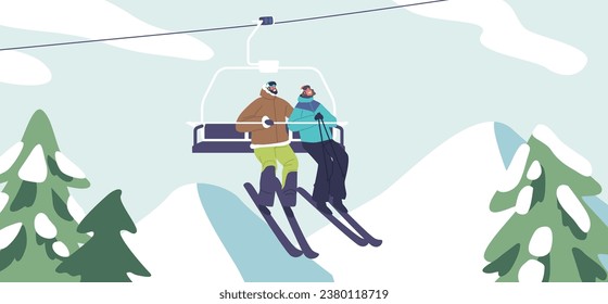 Skiers Couple, Bundled In Gear, Ascend A Snowy Mountain On A Ski Lift, Eagerly Anticipating Their Downhill Adventure