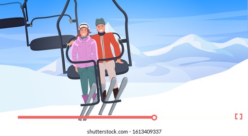 skiers couple in cable car man woman sitting together live streaming blogging concept cable-way in snowy mountains online player horizontal vector illustration