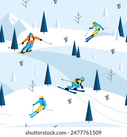 Skiers descending a snowy mountain with trees on slopes, flat design, light blue background. Winter sports adventure concept. Vector illustration