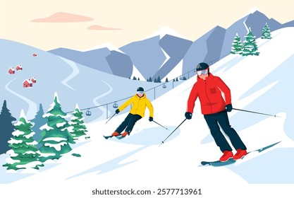 Skiers enjoying a snowy mountain slope landscape. Vector illustration